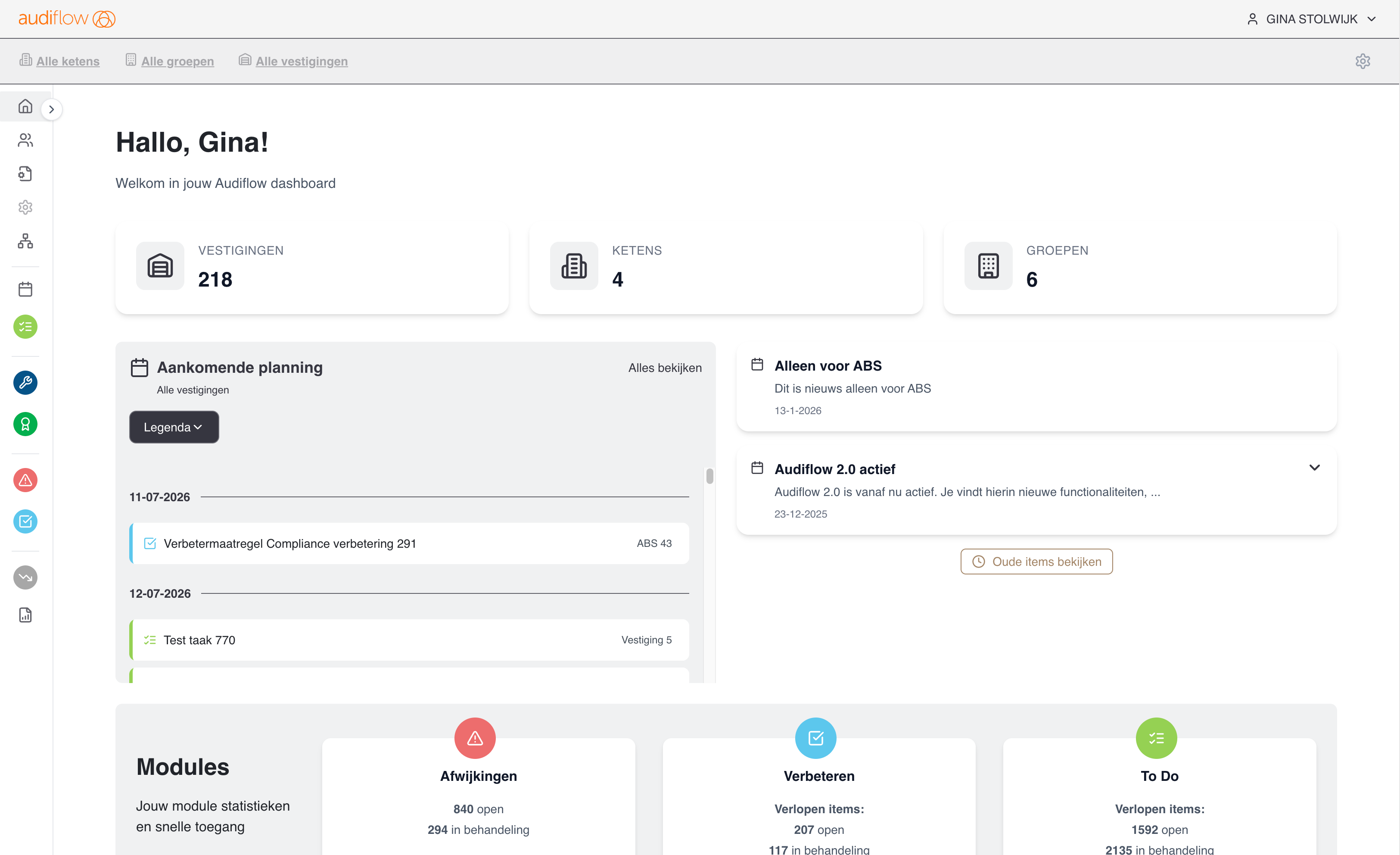 Audiflow dashboard showing a summary of a user's companies and modules